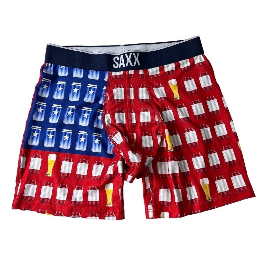 SAXX Bolt American Pilsner Boxer Brief Size Small Red White Blue Beer Print - Picture 2 of 5